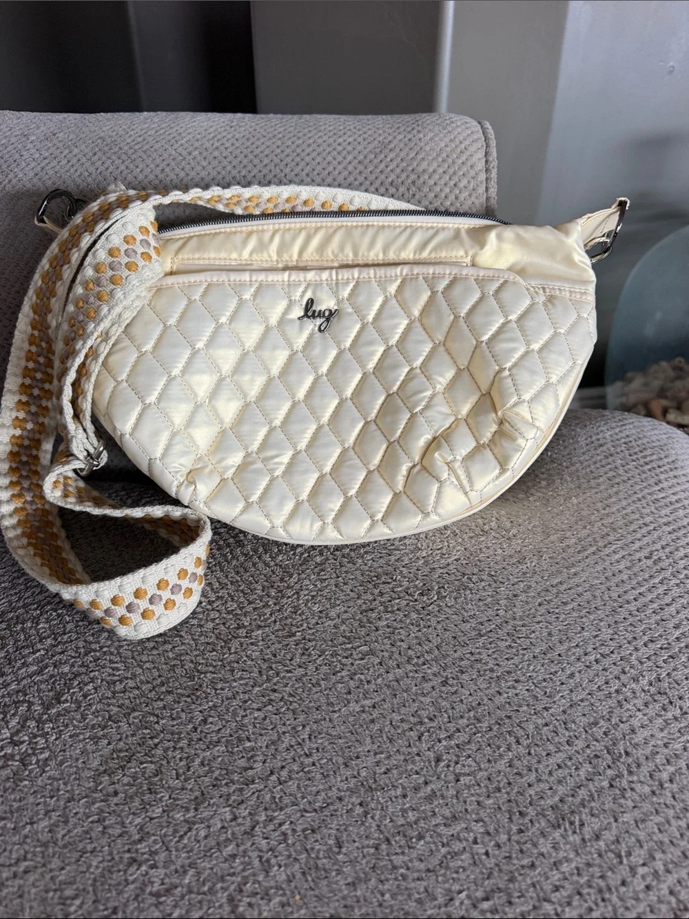 lug bolero Quilted Crescent Crossbody in Cream with Yellow-Accent Woven Strap